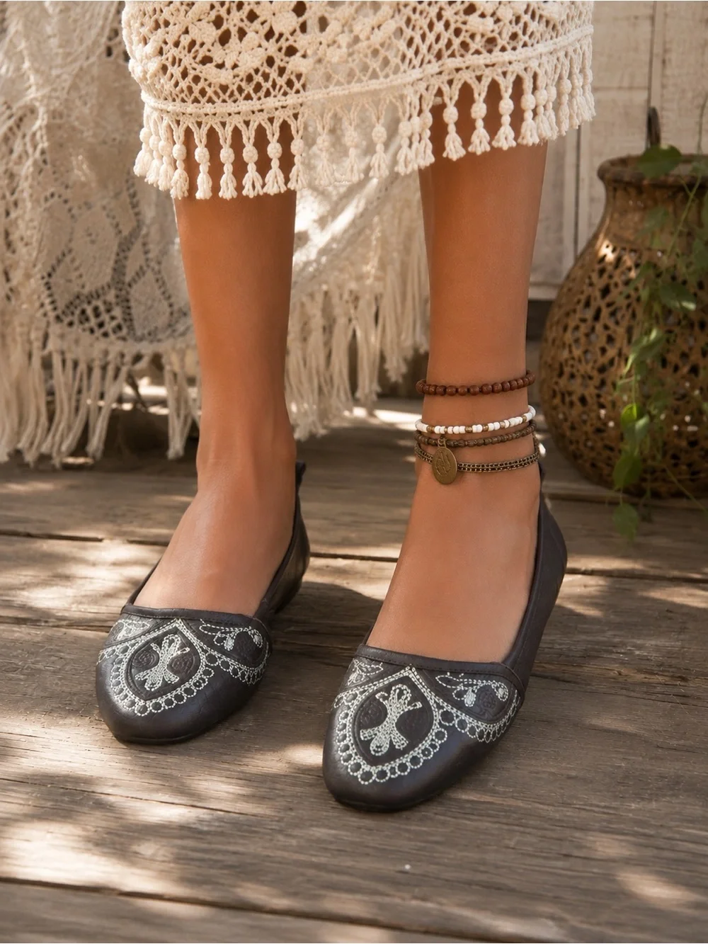 Latigo Brown Embroidered Ballet Flats
